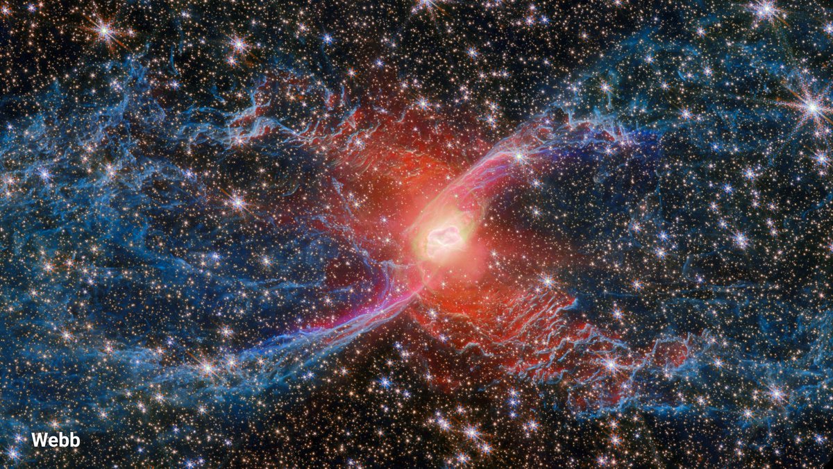 NASAHubble's tweet image. With great power, comes great space views 🕷️

Hubble and @NASAWebb have now both observed the Red Spider Nebula.

In visible light, Hubble&apos;s view shows the nebula&apos;s distinctive structure; Webb&apos;s infrared image reveals stars hidden behind the gas and dust.