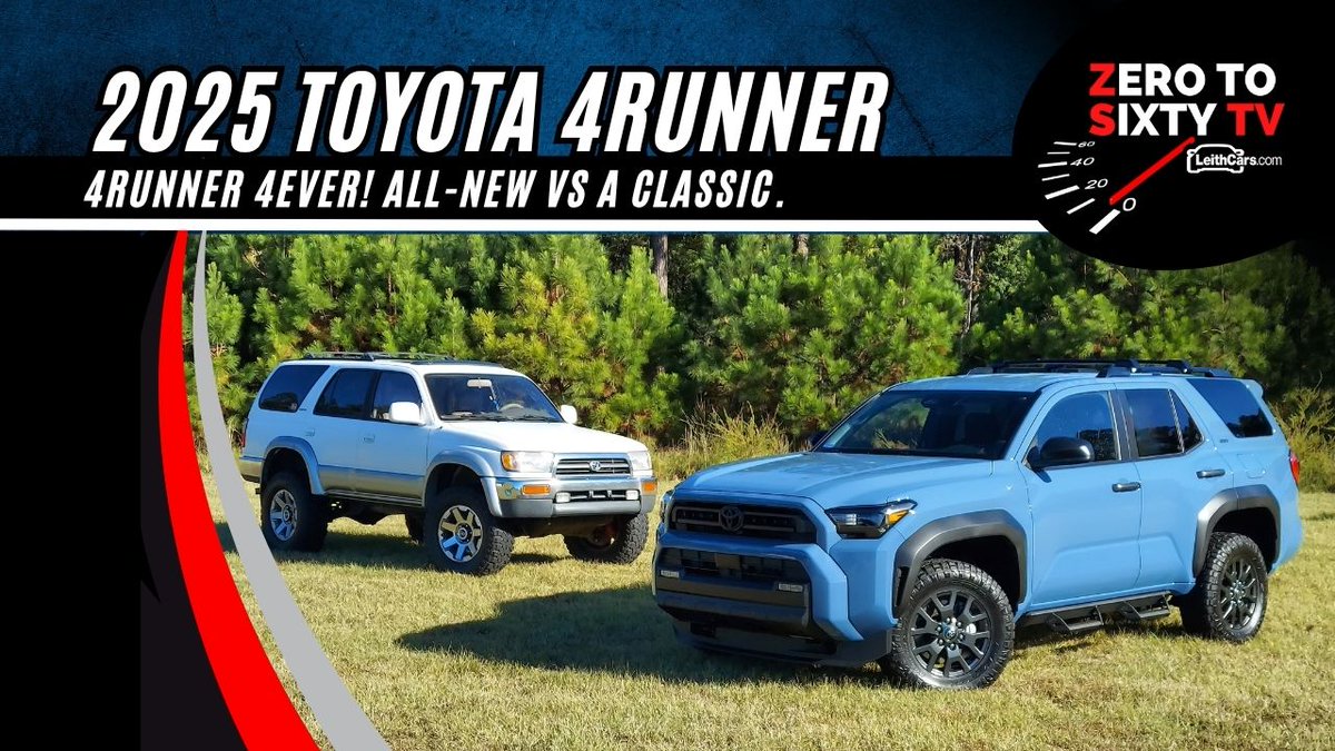 LeithCars's tweet photo. We pit two generations of 4x4 icons against each other in our "4Runner 4Ever" episode of Zero to 60TV. Watch our review of the all-new 6th-generation 2025 Toyota #4Runner SR5 versus a classic third-gen 1997 #Toyota 4Runner. https://t.co/Q2vbVebVai https://t.co/qSnQKn7bO2
