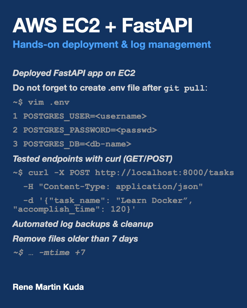 _renemartin's tweet image. ☁️ Finishing 1st Week of AWS: Deploying real apps &amp;amp; automating operations

🚀 What I built: 

1️⃣ FastAPI Deployment on EC2 

2️⃣ Log Management Automation

👉 Code &amp;amp; scripts: lnkd.in/eGxdiCwA

#AWS #devopspractices #dockercommands