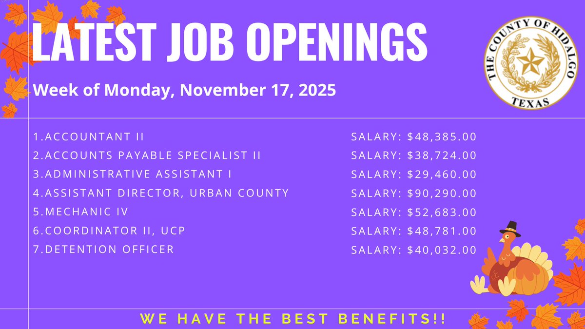 Thanksgiving Day is right around the corner with just 10 days until we celebrate!

Make yours even better — apply today and move one step closer to your goals!

Apply now: governmentjobs.com/careers/hidalg…

#Thanksgiving #ApplyToday #RGVjobs #HIRINGNOW