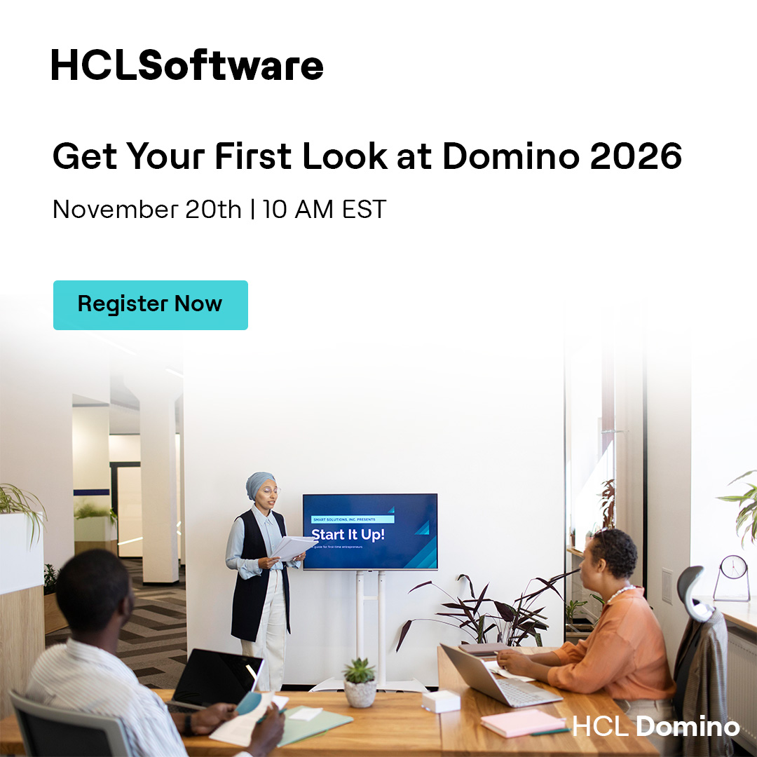 HCLDigital's tweet image. Get your first look at Domino 2026!
Join the webinar on Nov 20 for a preview of:
🔹Domino IQ with RAG
🔹Refreshed Notes UI
🔹Easier installs
🔹New calendar tools

Early Access starts Nov 20 — don’t miss it.
Register: hclsw.co/f2ba8i
#HCLSoftware #HCLDomino