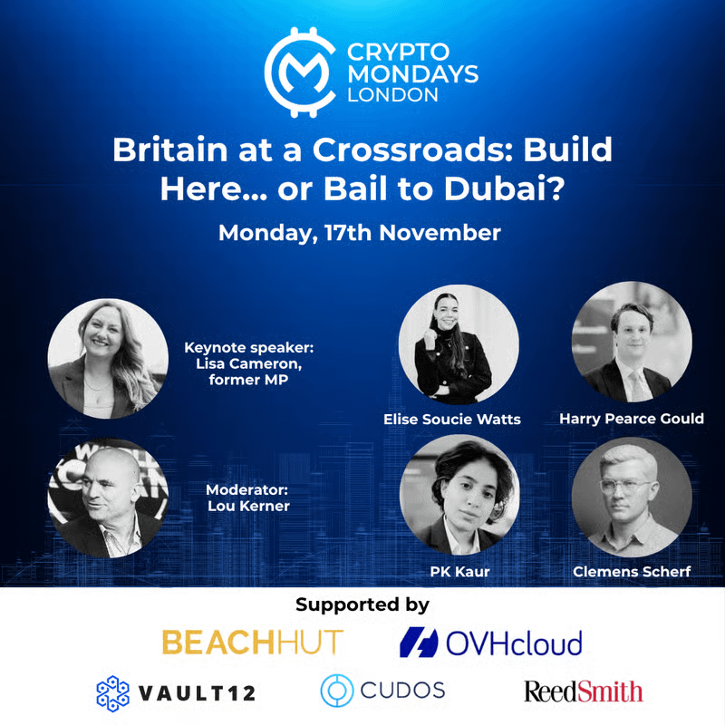 Is moving abroad really worth it?

Hear <a href="/PK_BLOCKCHAIN/">P K</a>'s take tonight at <a href="/CML_LDN/">CryptoMondays London</a> alongside a panel featuring:

- <a href="/clemens_/">clemente solomon</a>, <a href="/coinbase/">Coinbase 🛡️</a>
- Elise Soucie Watts, <a href="/GlobalDigitalFi/">Global Digital Finance</a>
- Harry Pearce Gould, <a href="/standwithcrypto/">Stand With Crypto🛡️</a>

Plus a keynote from Dr Lisa Cameron.
Moderated by Lou Kerner.