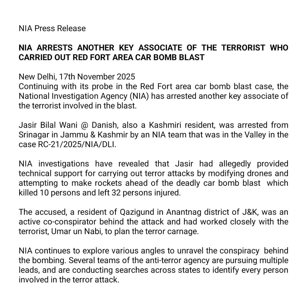 airnewsalerts's tweet photo. The National Investigation Agency (@NIA_India) arrests another key associate of the terrorist involved in the Red Fort area car blast case. 

Jasir Bilal Wani, a Kashmiri resident, arrested in Srinagar. 

#DelhiCarBlast #DelhiBlast #RedFortBlast https://t.co/qmxq7WGptu