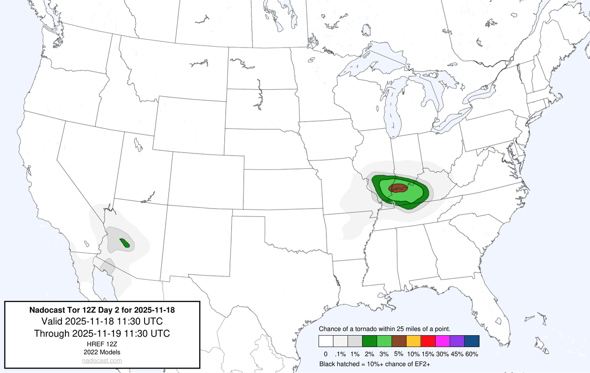 nadocast's tweet image. 12Z Day 2 Tornado Forecast for 2025-11-18 (New New 2022 Models)