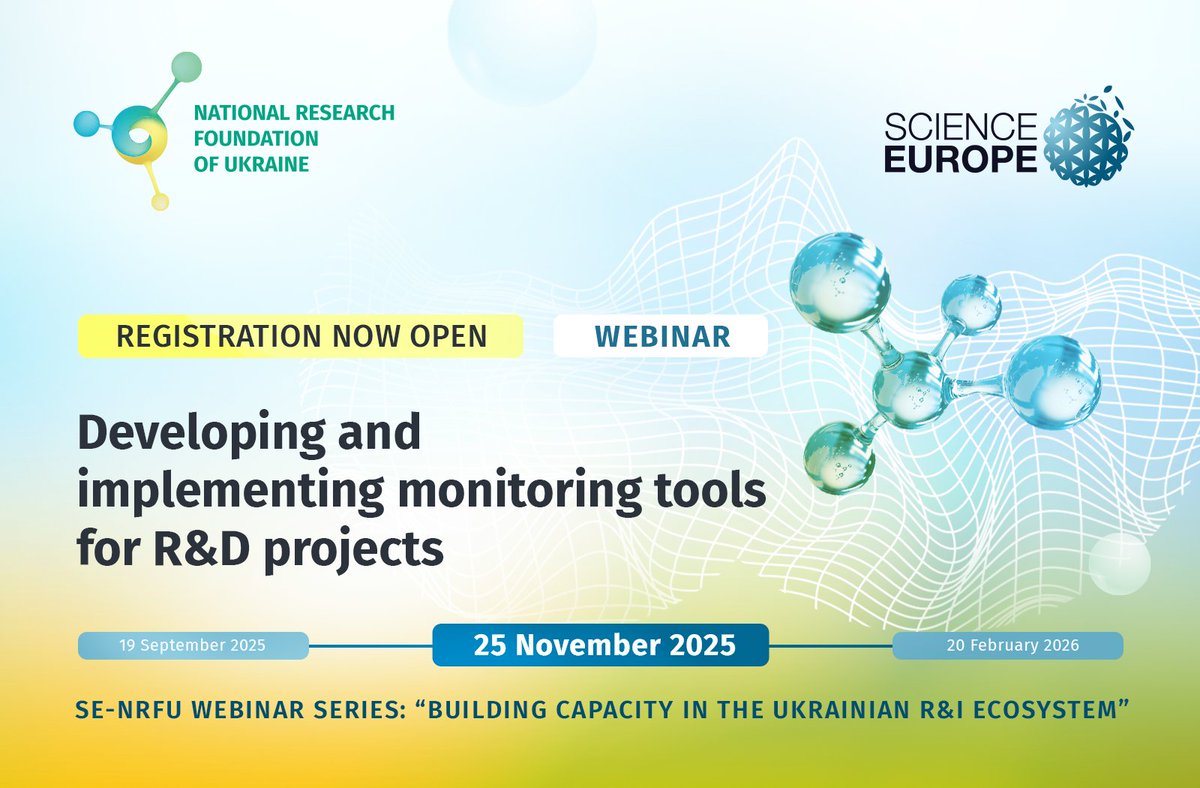 🔔Second <a href="/ScienceEurope/">Science Europe</a>–NRFU webinar: “Developing and implementing monitoring tools for R&amp;D projects”
⏰Time: 10:00–11:30 CET / 11:00–12:30 Kyiv time
🛜Format: Online
🗨️Language: English (with simultaneous translation into Ukrainian provided)

📲Details: cutt.ly/UteHFZL3