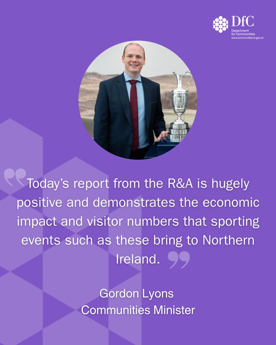 CommunitiesNI's tweet image. Minister @GordonLyons1 has welcomed the positive impact that staging the 153rd @TheOpen last summer at @RoyalPortrush has had on Northern Ireland. ⛳️

⬇️ Read more:

communities-ni.gov.uk/news/lyons-wel…

#TheOpen