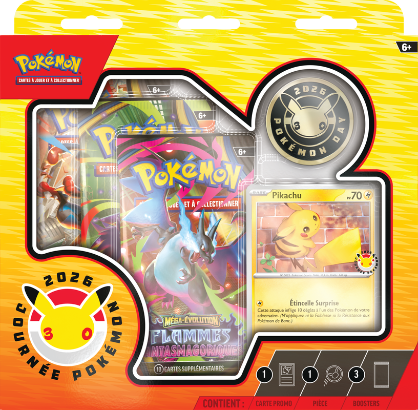 GamemastersFr's tweet photo. #Pokemon Voici le visuel Français du Tripack Collection Journée Pokémon 2026 marquant le 30ème anniversaire de Pokémon 🔥

📅 Date de sortie : 30/01/2026

📦Contenu : 
- 1 carte promo brillante de Pikachu estampillée « Journée Pokémon »
- 1 pièce Pokémon Day 2026
- 3 boosters 

#TCG #PokemonTCG