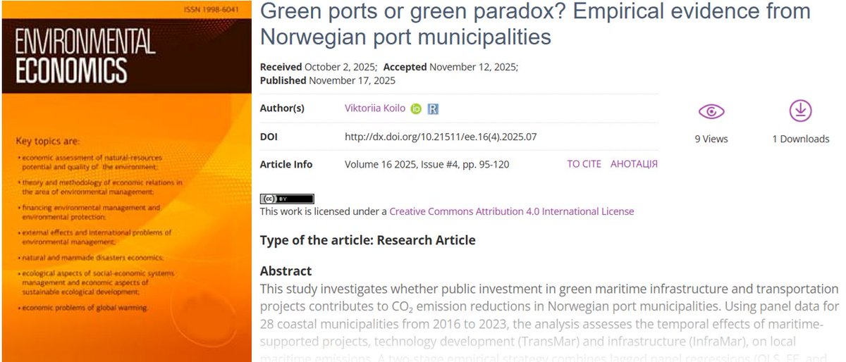 pubfin_journal's tweet image. 🔗 lnkd.in/efya-Xmv
📝 Green ports or green paradox? Empirical evidence from Norwegian port municipalities
👤 Viktoriia Koilo
#green_maritime_investment, #decarbonization, #port_activity