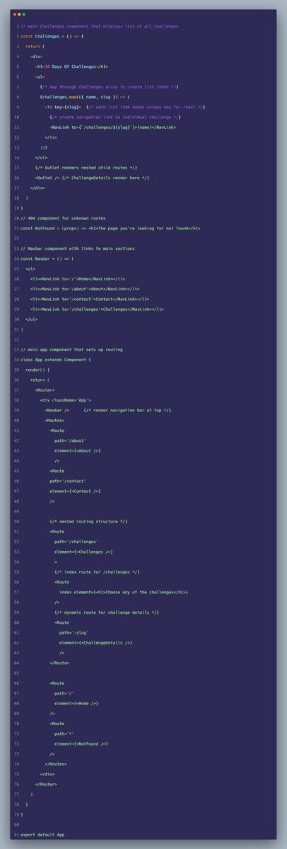 mubaraqabba's tweet image. React Router Nested Routing

nested routing enables hierarchical navigation with dynamic parameter handling for detailed component views

useParams hook extracts url path variables facilitating data-driven component rendering based on route parameters

dynamic slug implementation…