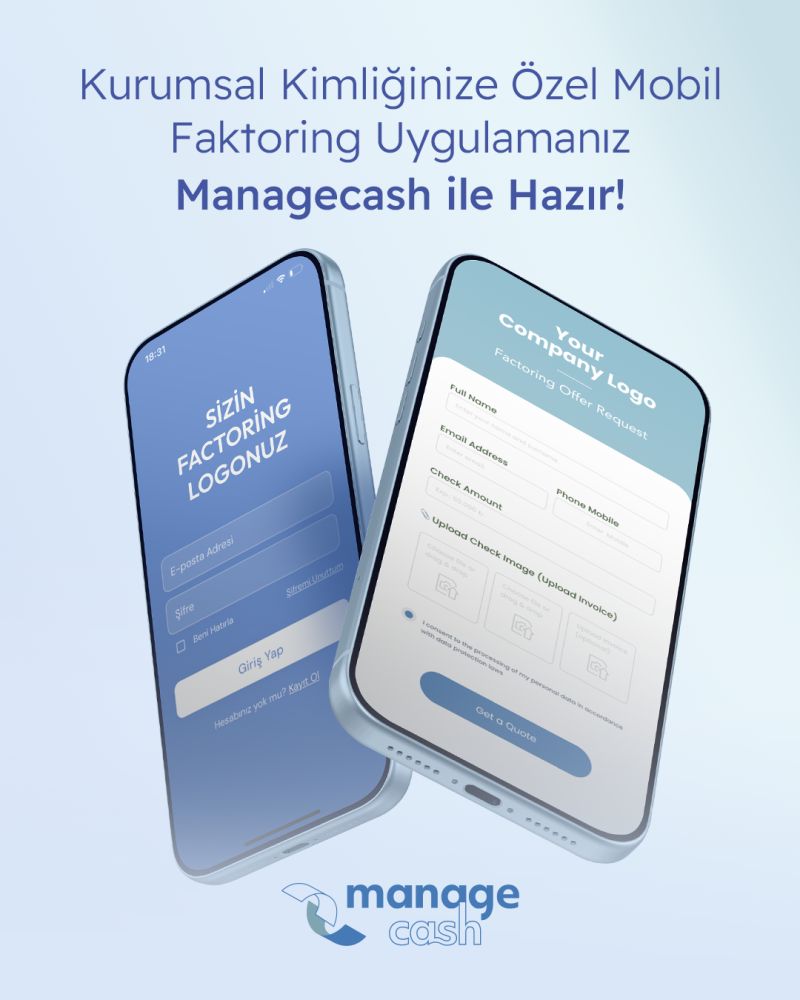 Faktoring Firmaları: 
Kurumsal kimliğinize özel mobil faktoring uygulamanız Managecash ile masrafsız bir şekilde hazır! 🚀  
Dijital dönüşümünüzü bizimle başlatın. 

⚡ Sıfır BT yatırımı 
⚡ 3–5 günden 1 güne düşen tahsilat süreci 
⚡ Güvenli, hızlı ve markanıza özel çözüm