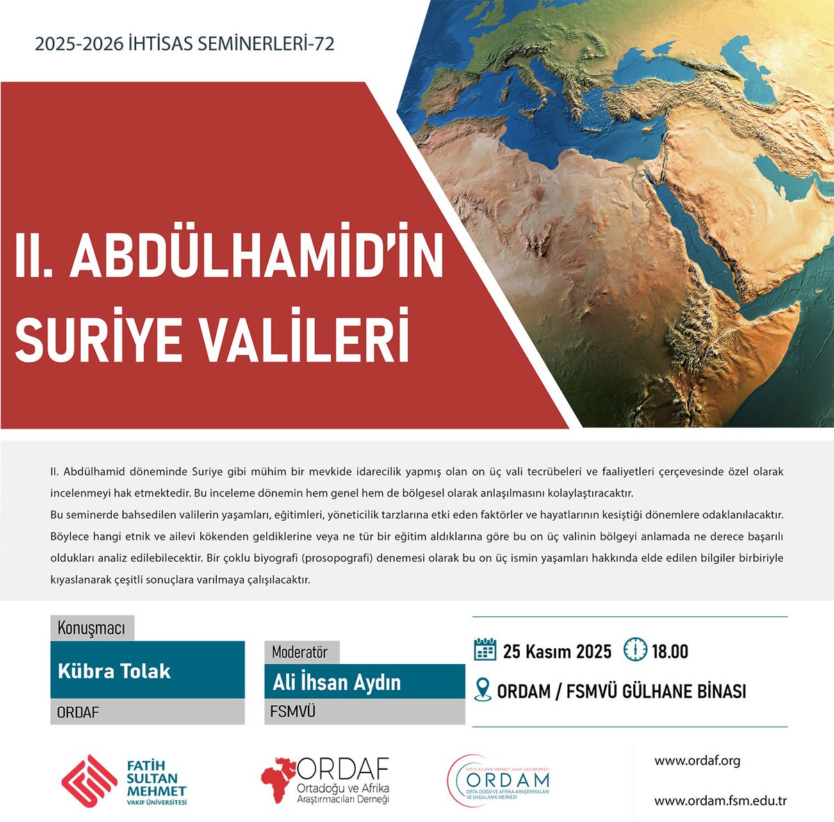 Biyografi Enstitüsü İcra Kurulu Üyemiz Dr. Kübra Tolak, ORDAM 72. İhtisas Seminerinde II. Abdülhamid'in Suriye Valilerini anlatacak. Programın moderatörü Ali İhsan Aydın.

🗓 25 Kasım 2025 Salı
🕕 18.00
📍FSMVÜ Gülhane Binası

<a href="/FsmvuOrdam/">FSMVÜ ORDAM</a> <a href="/kubratolak/">Kübra Tolak</a>
