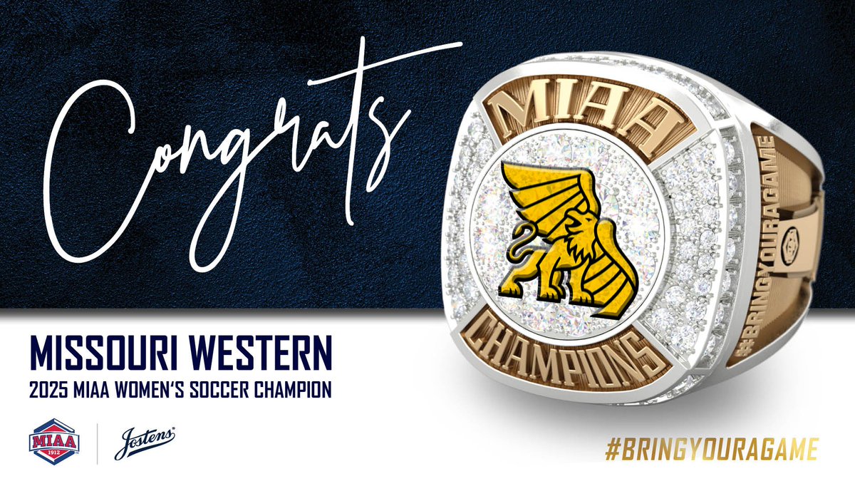 TheMIAA's tweet photo. 💍✨ 

The MIAA and @Jostens would like to congratulate the Missouri Western Griffons on being crowned 𝑪𝑯𝑨𝑴𝑷𝑰𝑶𝑵𝑺 of the 2025 MIAA Women's Soccer Championship!!

Jostens is the official championship ring provider of the MIAA.

Way to #BringYourAGame, Griffs! https://t.co/Vgdoar1kN8