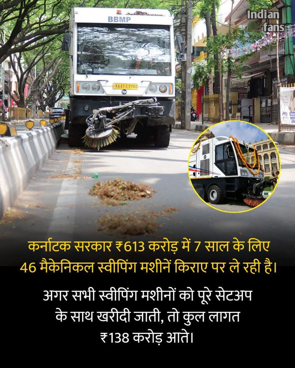 46 स्वीपिंग मशीनों का 7 साल का किराया ₹613 करोड़, जबकि खरीदने पर कीमत होती ₹138 करोड़।

बाकी पैसा पप्पू एंड फैमिली को जाएगा ना