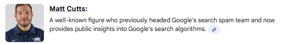 lilyraynyc's tweet photo. Wonder how Matt Cutts would feel about 2025 Google using a photo of a different Matt Cutts when showing him in an AI Overview list (in the context of Google/SEO) 😅 https://t.co/CDSEpbSajU