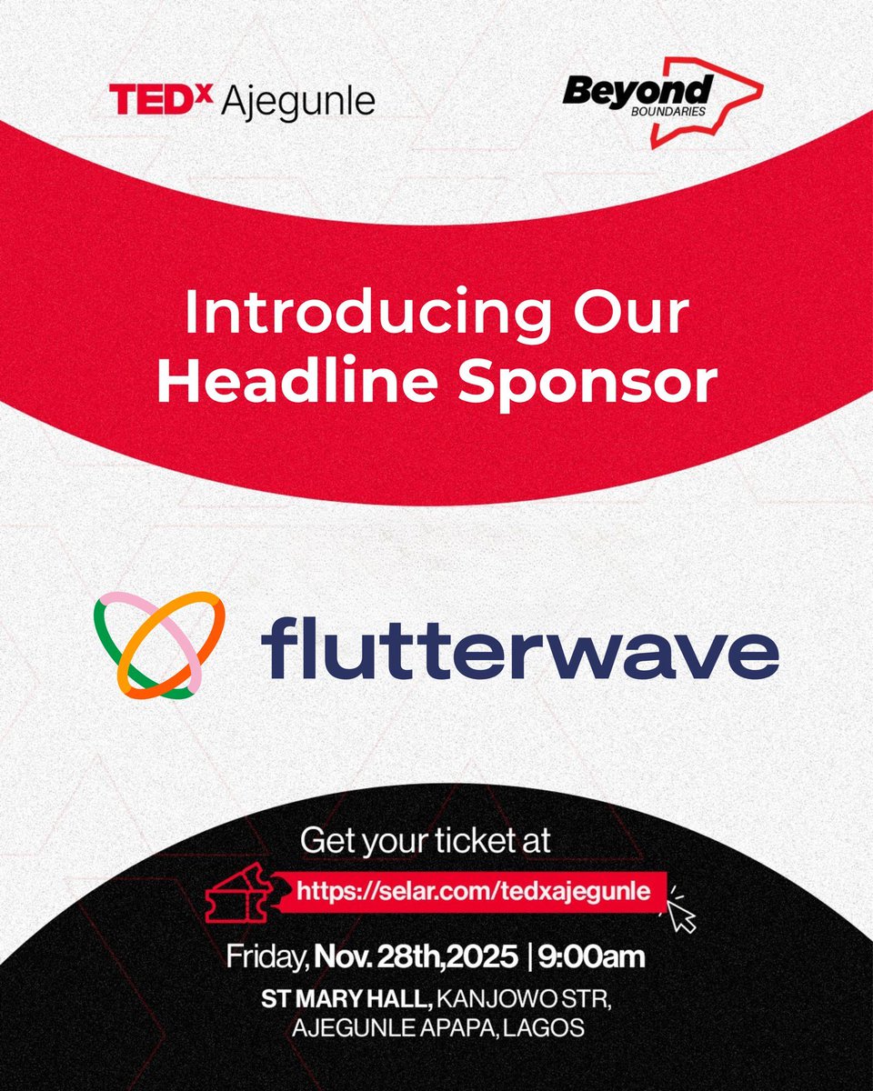 TEDxAjegunle__'s tweet image. 🎉 BIG NEWS! We’re thrilled to announce @theflutterwave as our Headline Sponsor for TEDxAjegunle 2025!

Join us for an unforgettable day of ideas, innovation, and inspiration as we explore the theme “Beyond Boundaries.”

Get your tickets  selar.com/tedxajegunle