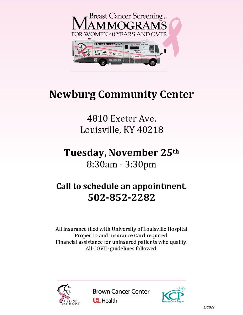 KyCancerProgram's tweet image. Mobile Mammogram Screening

Tuesday, November 25 | 8:30 am-3:30 pm
Newburg Community Center | 4810 Exeter Ave.

Call 502-852-2282 to schedule an appointment.
