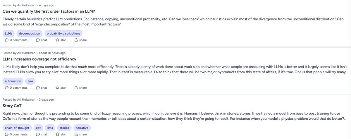 ChenhaoTan's tweet image. A new week of #Agents4Science idea competition !🏁This week we have a few human ideas from @universeinanegg and @Elenal3ai. I personally liked quite a few ideas related to LLM beliefs.

We would love to see your votes represented!🗳️
hypogenic.ai/ideahub?compet…