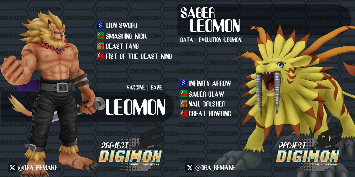 DRA_Remake's tweet image. Leomon is a strong base digimon that hits hard with priority range and melee moves. Saberleomon hunts down prey by using stunning damage auras and needle sprays. In ultra, he locks on and seeks foes across the map, not even lasers can interrupt his lunge!

#projectdigimon #leomon