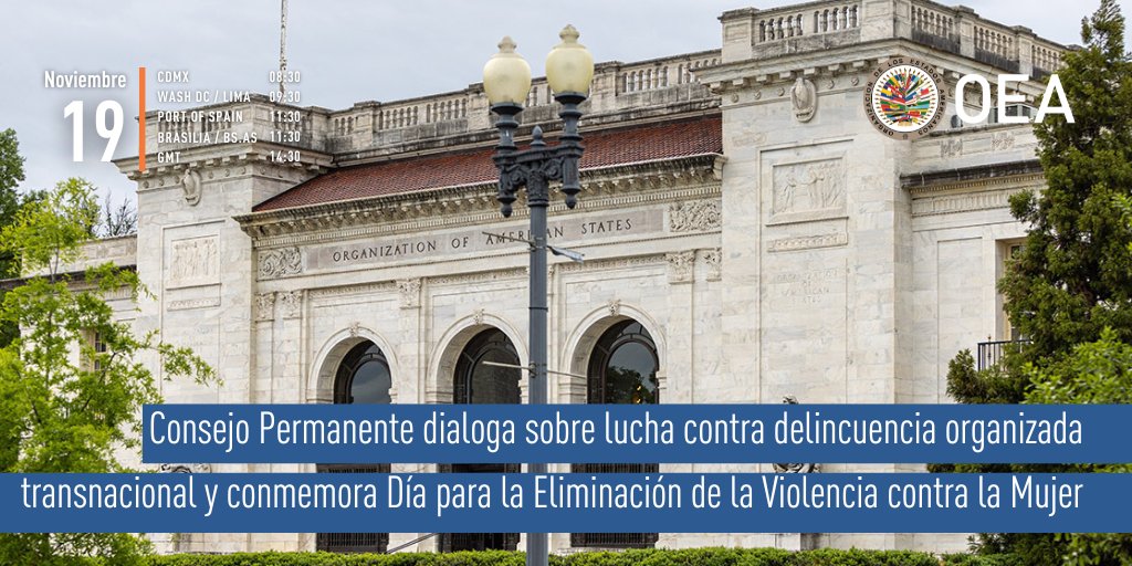OEA_oficial's tweet image. #MIÉRCOLES | Consejo Permanente dialoga sobre lucha contra delincuencia organizada transnacional y conmemora Día para la Eliminación de la Violencia contra la Mujer

🗓️ 19 de noviembre
⏰ 9:30 EST (14:30 GMT)
📺 oas.org
📍 Salón Simón Bolívar
ℹ️…