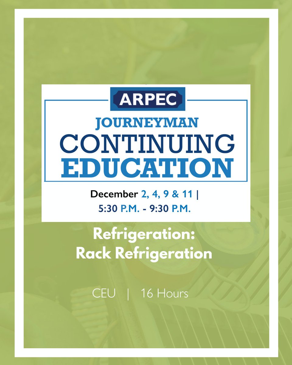 MCAsfla's tweet image. 🧊@ArpecSchool's Refrigeration: Rack Refrigeration class kicks off Dec 2, 4, 9 &amp;amp; 11, from 5:30-9:30 PM. Dive into multi-compressor systems, troubleshooting &amp;amp; safety. Limited seats — register now! 📷bit.ly/4nV9o5U #HVACTraining #ARPEC #mcasfla #MCASF #lu725