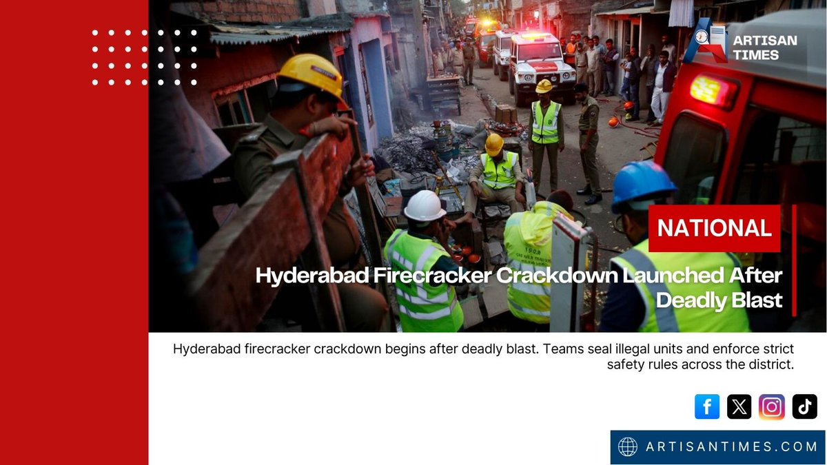 artisan_times's tweet photo. Hyderabad begins a strong firecracker crackdown after a deadly blast. Illegal units face instant closure.
#HyderabadFirecrackerCrackdown #SafetyDrive #DistrictAction #HyderabadNews
Read more: https://t.co/ZFYxluREos https://t.co/p9ZErPKiNG