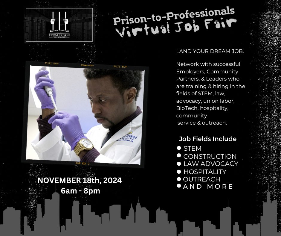 Bridges, not walls. 🌉   

Join our 15th Virtual Job Fair November 18th, 6 PM EST &amp; connect with employers who see your value, not your past.    

Register: conta.cc/3CDaEZO 

#FromPrisonCellsToPhD #SecondChances #PrisonToProfessionals