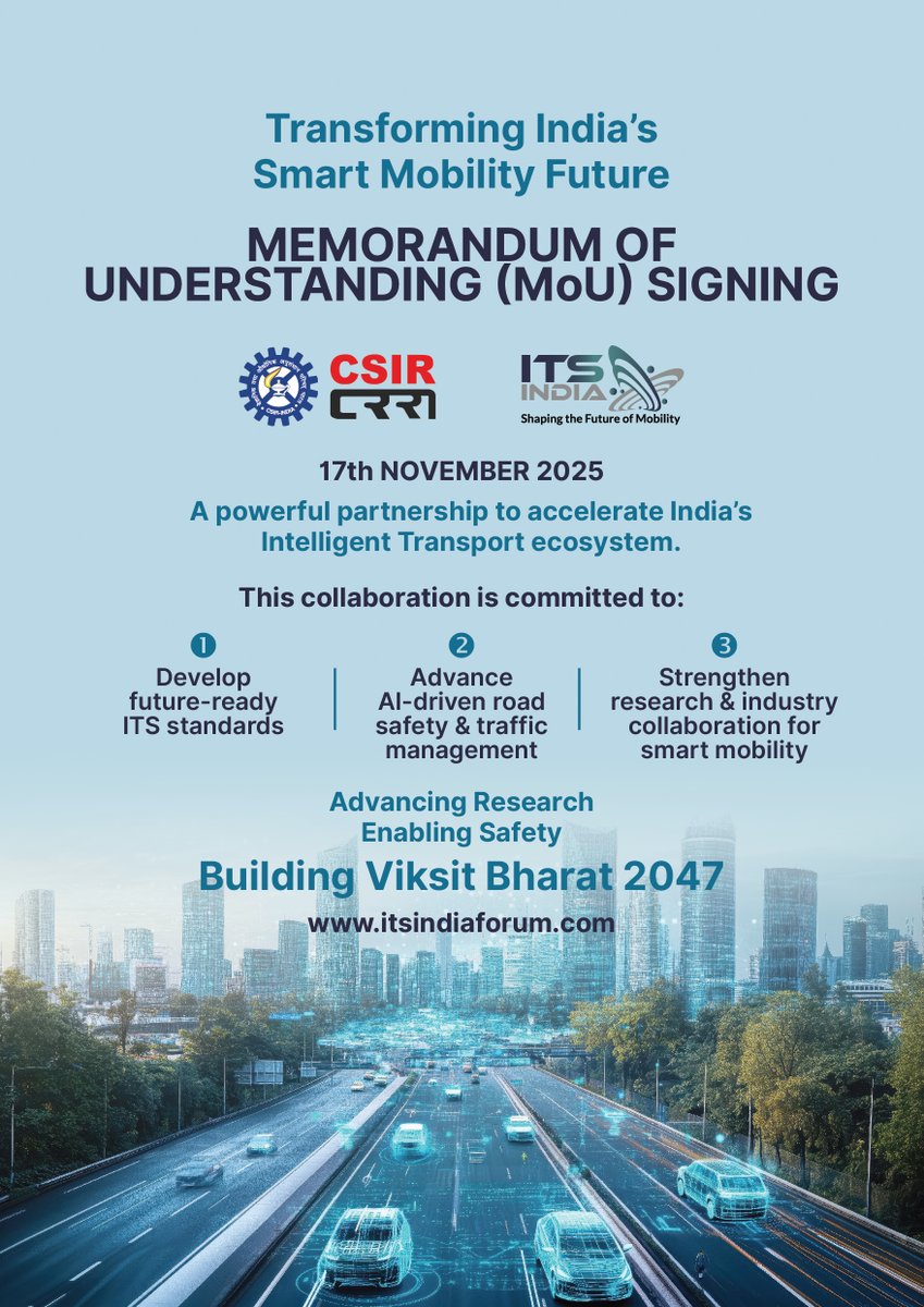 forum_its_india's tweet image. A milestone for India’s Smart Mobility future!

𝗖𝗦𝗜𝗥-𝗖𝗥𝗥𝗜 and 𝗜𝗧𝗦 𝗜𝗻𝗱𝗶𝗮 have signed a transformative 𝗠𝗼𝗨—paving the way for a powerful collaboration to advance the nation’s Intelligent Transport ecosystem.

#ITSIndia #CSIRCRRI #ViksitBharat2047