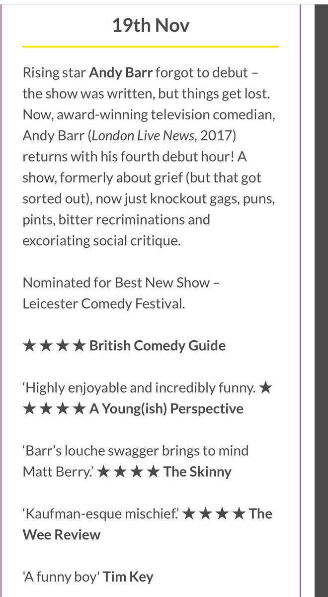 marksilcox's tweet image. Highly recommended…

19th November 
19:40 

See you there…

pleasance.co.uk/event/andy-bar…