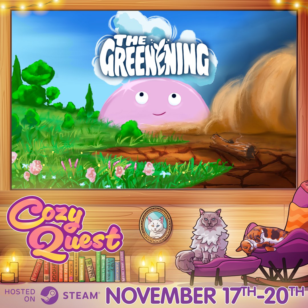 The #CozyQuest2025 event is happening right now, featuring many wonderful games from awesome #indiedevs, and I'm super happy that The Greenening is among them 😍

You can check out the event here:
store.steampowered.com/sale/CozyQuest…

And watch the live showcase here:
youtube.com/watch?v=zXRcvS…