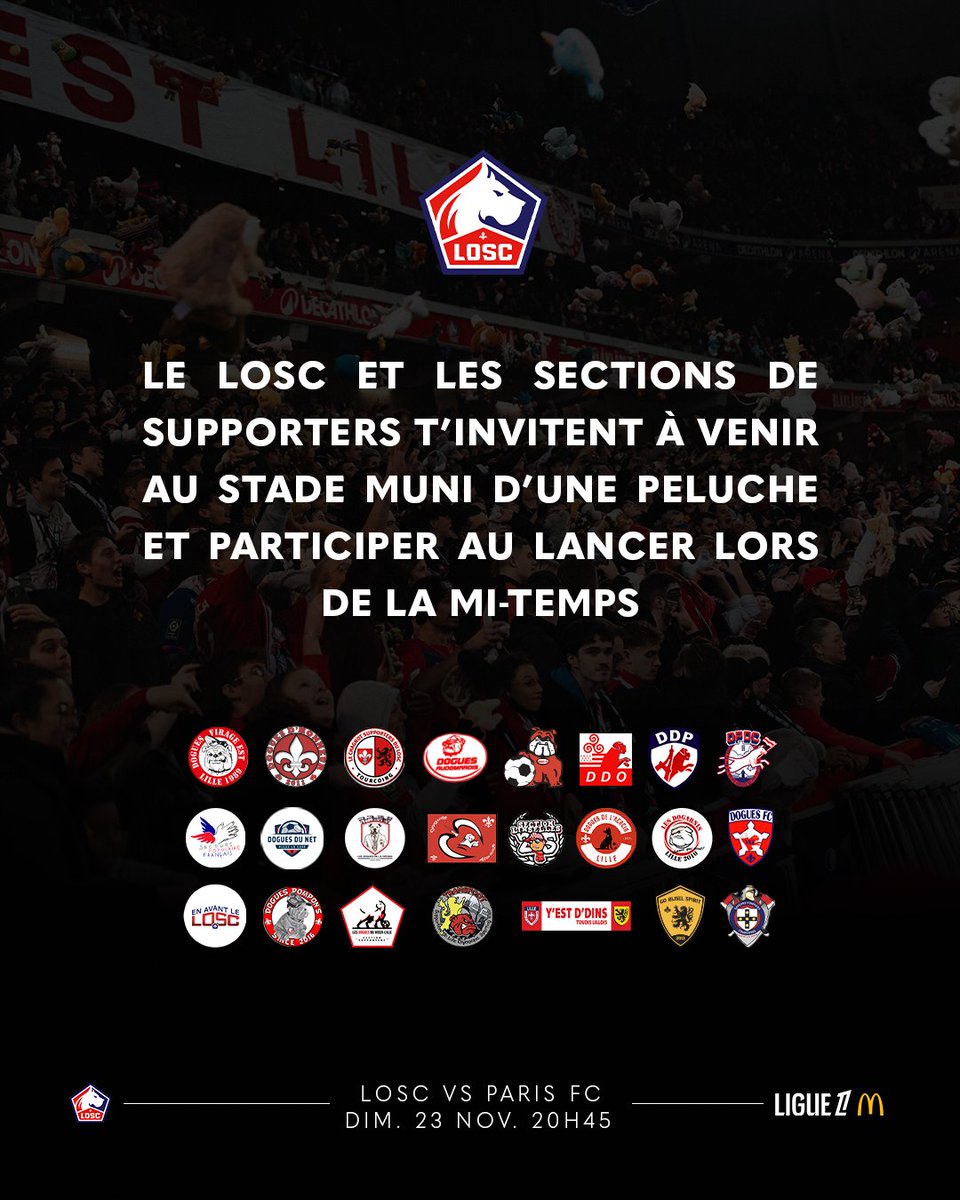 𝑻𝒐𝒖𝒋𝒐𝒖𝒓𝒔 𝑷'𝒍𝒖𝒄𝒉𝒆𝒔 🧸

Le LOSC, la caserne des Pompiers de Tourcoing, le Chagnot et l’ensemble de nos sections de supporters s’unissent, une nouvelle fois, pour organiser un grand lancer de peluches à la mi-temps du match LOSC-Paris FC, le dimanche 23 novembre (coup