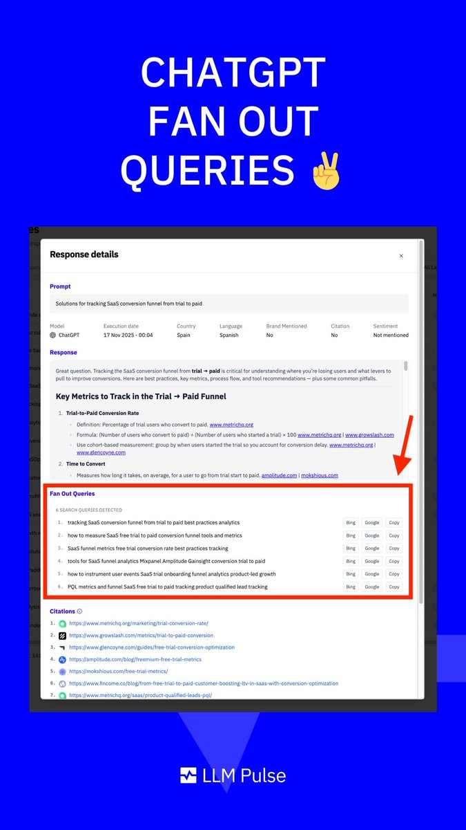 Hoy sacamos las queries de fan out de ChatGPT (cuando están disponibles) en la interfaz de <a href="/LLMPulse/">LLM Pulse</a> y con procesamiento histórico de todas las queries 💪

Con esto ya puedes entender mucho mejor en qué sub-queries parte tu prompt para obtener los resultados 🤝

Let's go!
