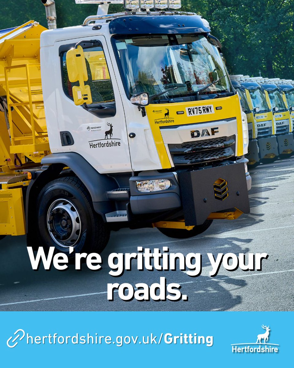 Herts_Highways's tweet photo. ❄️ First gritting run of the season!
We’re out at 7pm tonight with 8g/m² to keep roads safe.
Our gritter naming competition launches soon, stay tuned!
#WinterReady #NameOurGritter #DriveToTheConditions https://t.co/lRHIE7w2sR