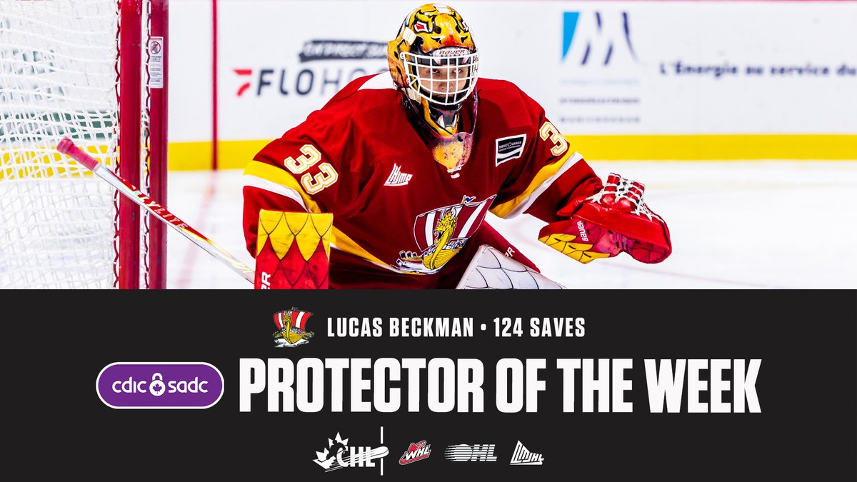 CHLHockey's tweet photo. #GoSensGo prospect Lucas Beckman stopped a lot of rubber in the @DrakkarBAC crease to earn this week's #CHLProtectoroftheWeek presented by @CDIC_CA honours! https://t.co/IBilEdtHFo