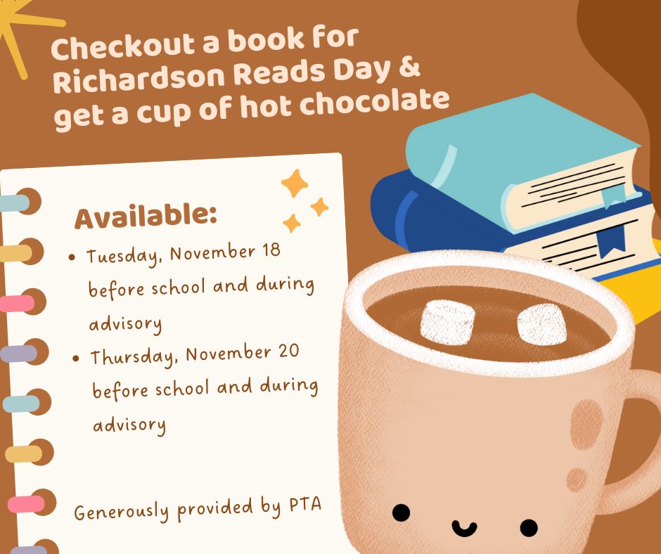 Tomorrow and Thursday-come check out a library book and get a cup of hot chocolate. We are so grateful to <a href="/jjpearcepta/">jjpearcepta</a> for this treat in honor of Richardson Reads Day! 📚#PHSlibrary #PTA #RichardsonReads #mUStangmagic