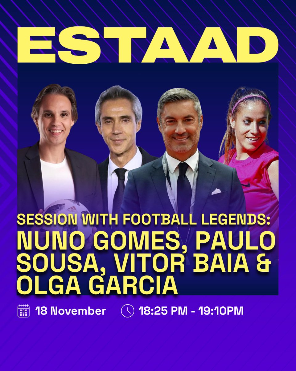 Watching legends is great, meeting them is unforgettable.

Fabio Capello, Edwin van der Sar, Nuno Gomes, Paulo Sousa, Vítor Baía, Olga García, Mamadou Sakho, Kely Nascimento, Daniel Carvalho…all at #ESTAAD2025. Make sure you’re there too.

📅 17–20 November 2025
📍 ESTAAD,