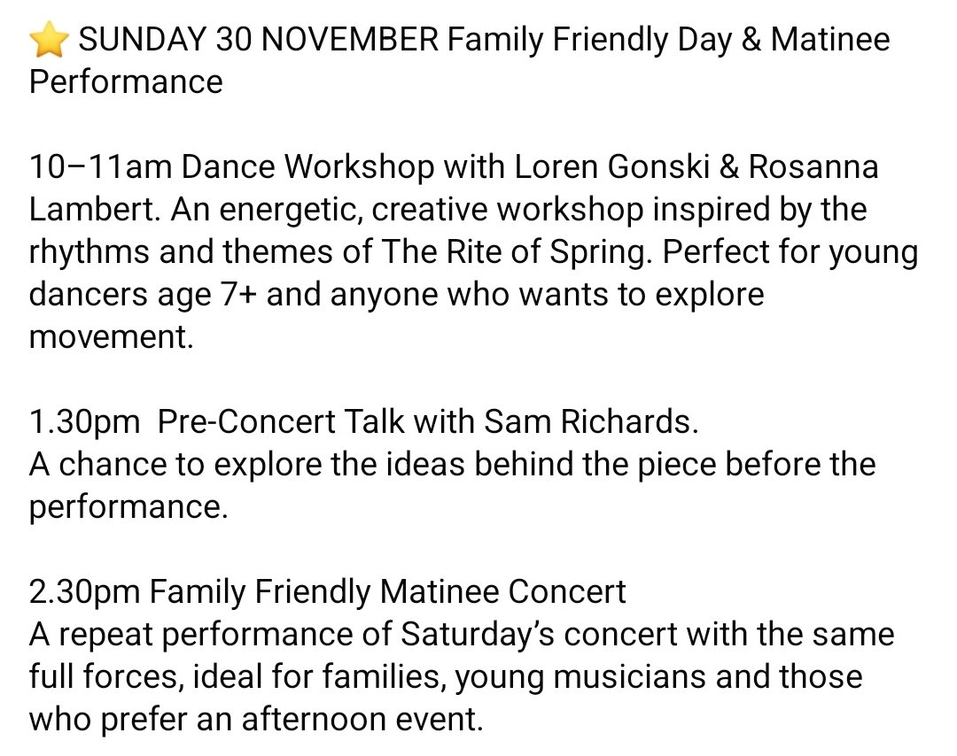 TorbaySymphony's tweet image. SUNDAY 30 NOV. Cont...

1.30pm  Pre-Concert Talk with Sam Richards:

A chance to explore the ideas behind the piece before the performance.

2.30pm Family Friendly Matinee Concert
A repeat performance of Saturday’s concert with the same full forces, ideal for families.