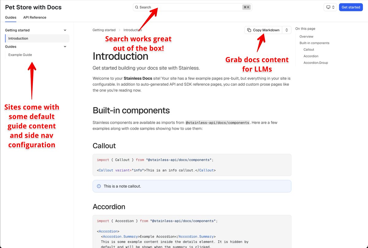 kevinwhinnery's tweet image. Out-of-the-box, you get a docs site with narrative docs you can write in MDX, Markdown, or Markdoc. There&apos;s a number of UI components built in, site search, LLM integrations, and a lot more ready to go!

This is just the beginning BTW - lots more planned to make writing docs 💯