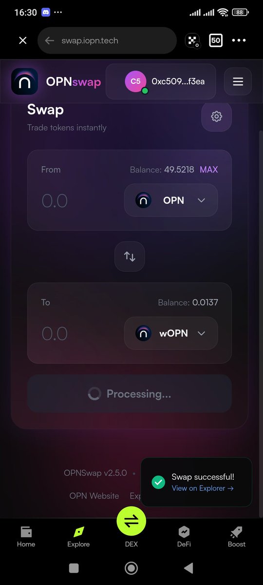 sirdeeqkumo's tweet photo. Day 5️⃣ on-chain!
Today I swapped my $OPN to $OPNT on @IOPn_io 🔄

Why this move?
• $OPNT helps strengthen my liquidity positions
• Great for balancing my portfolio on the OPN chain
• Keeping my daily activity streak alive 💪

Consistency is the real power.
#IOPn #OPN #OPNT https://t.co/QhVJtLurta
