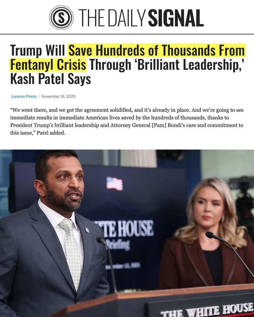 WhiteHouse's tweet image. The Trump Administration and @FBIDirectorKash's landmark deal with China will CRUSH the flow of fentanyl in the United States.