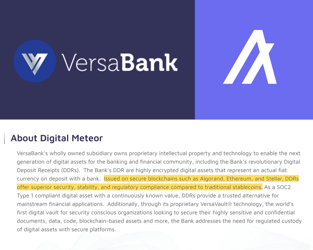algerstmehn's tweet image. If you remember, @VersaBank is testing tokenized deposits on Algorand, Ethereum, and Stellar in its U.S. pilot.

Likely one of the biggest institutional use cases on any blockchain! 🤯

The pilot is expected to end by 2025.

This could be absolutely MASSIVE news for $ALGO! ⏳