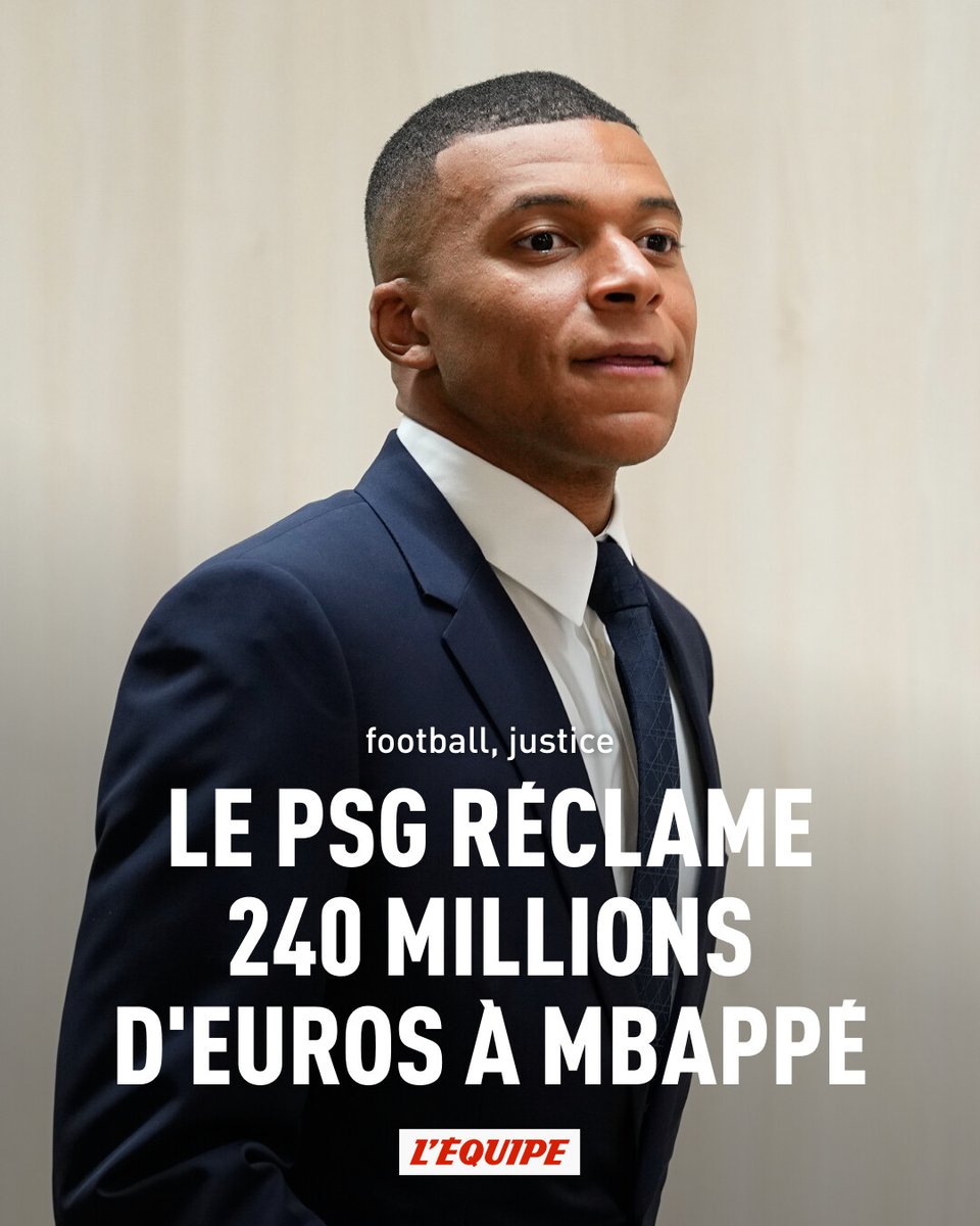 lequipe's tweet image. Kylian Mbappé réclame la requalification de son contrat de travail avec son ancien club en CDI. Il réclame, de son côté, 260 millions d'euros
➡️ l.lequipe.fr/AWB
