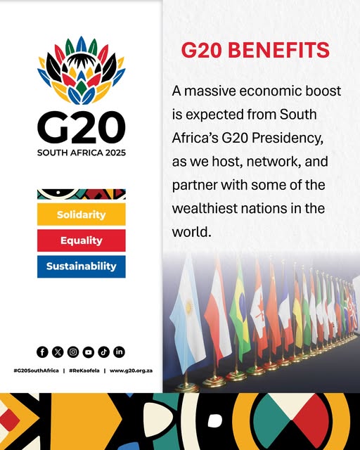 Know your #G20 Benefits!
South Africa’s #G20 Presidency is expected to boost our economy, strengthening global partnerships, trade, &amp; investment opportunities.
#G20SouthAfrica <a href="/GCIS_IRC/">Information Resource Centre</a> <a href="/GCISGauteng/">GCIS Gauteng Prov Office</a> <a href="/GovernmentZA/">South African Government</a> <a href="/GautengProvince/">Gauteng Provincial Gov</a> <a href="/GDCoGTA/">CoGTA</a> <a href="/gpgSocDev/">Social DevelopmentGP</a>
<a href="/GP_CommSafety/">GP Department of Community Safety</a> <a href="/GautengHealth/">Gauteng Health</a>