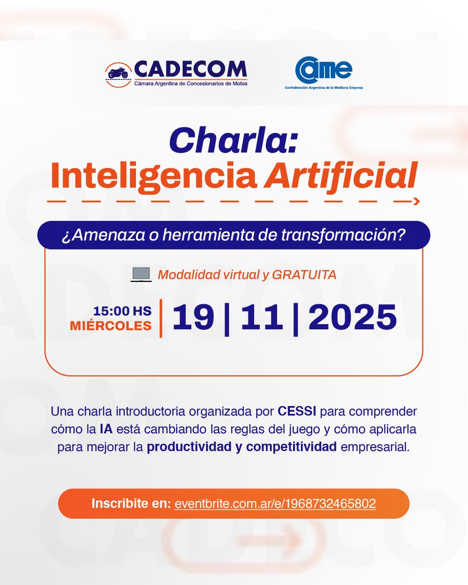 📅 Miércoles 19 de noviembre | 15 hs
💻 Modalidad virtual y gratuita
Una charla introductoria, sin tecnicismos, para descubrir cómo aplicar la IA en tu negocio y potenciar la productividad y competitividad de tu empresa.
Inscribite en: eventbrite.com.ar/e/1968732465802

#CESSI