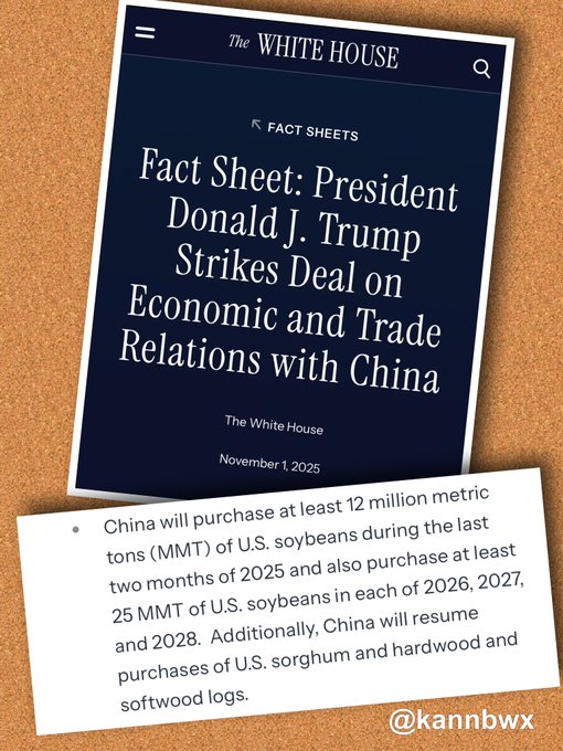 Screenshot of a White House fact sheet document titled Fact Sheet: President Donald J. Trump Strikes Economic and Trade Relations with China dated November 2025, detailing Chinas commitment to purchase at least 12 million metric tons of U.S. soybeans in November-December, at least two million metric tons annually through 2028, and resumption of purchases of U.S. sorghum and softwood logs, with official White House branding and layout.