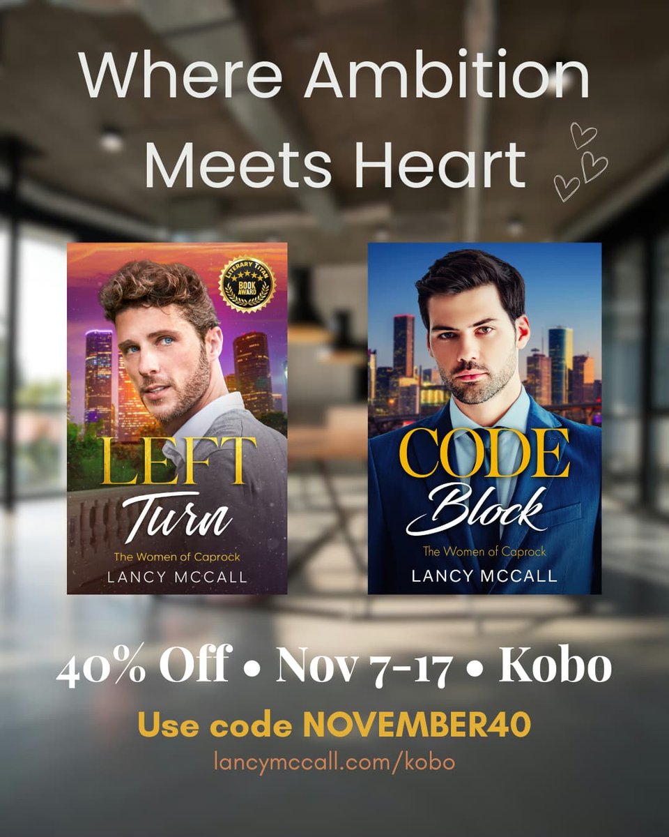 Ambition. Love. Tough choices.

Today's the last day that Left Turn and Code Block are **40% off** on Kobo!

Use code NOVEMBER40 at checkout: lancymccall.com/kobo

#BookClubFiction #ContemporaryRomance #BookDeals #SmartRomance #WomenInSTEM #WomensFiction