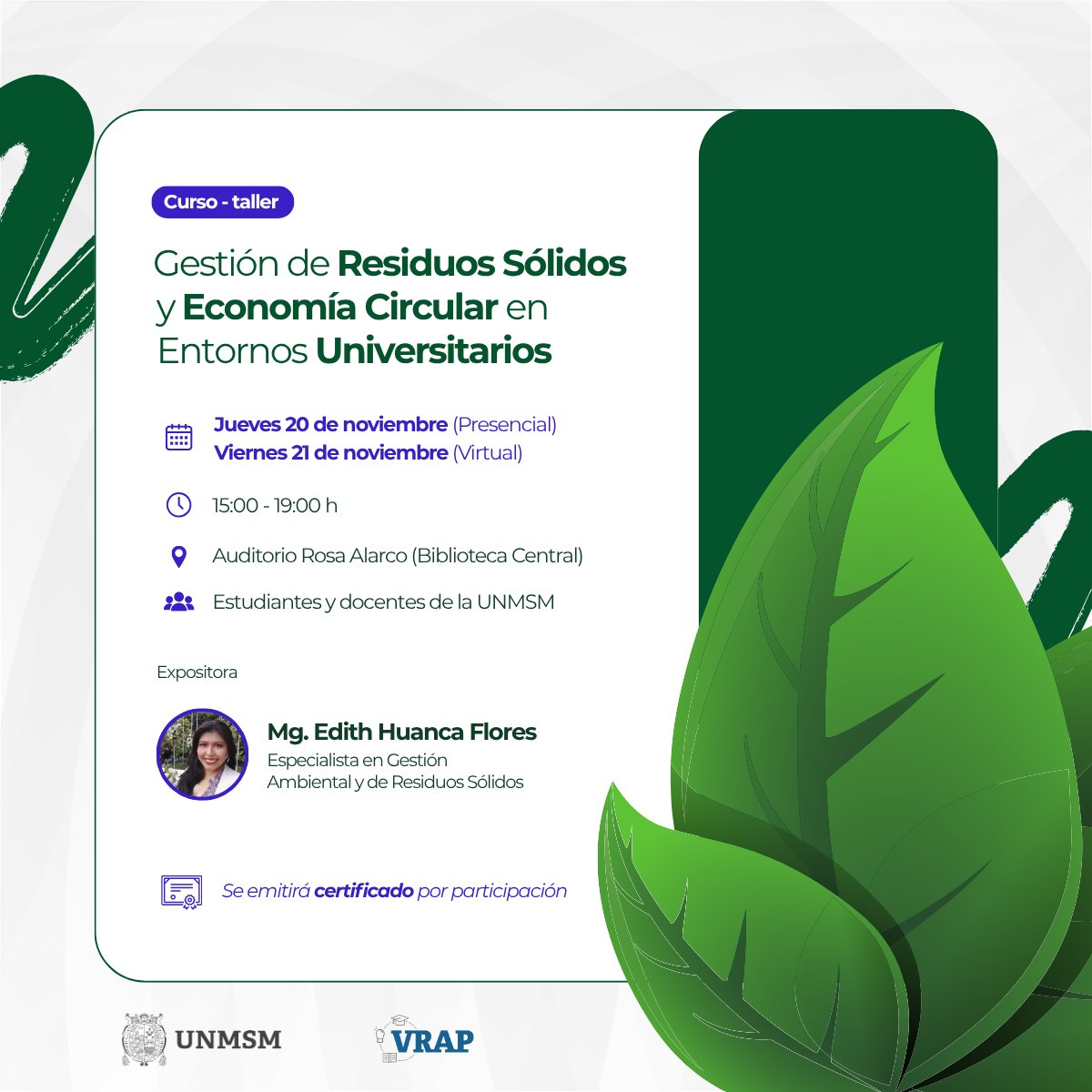 BioUNMSM's tweet image. El Vicerrectorado Académico de Pregrado invita cordialmente a participar en el curso-taller “Gestión de Residuos Sólidos y Economía Circular en Entornos Universitarios”
Inscripciones: forms.gle/xhEeUAM6vjcYKh…
