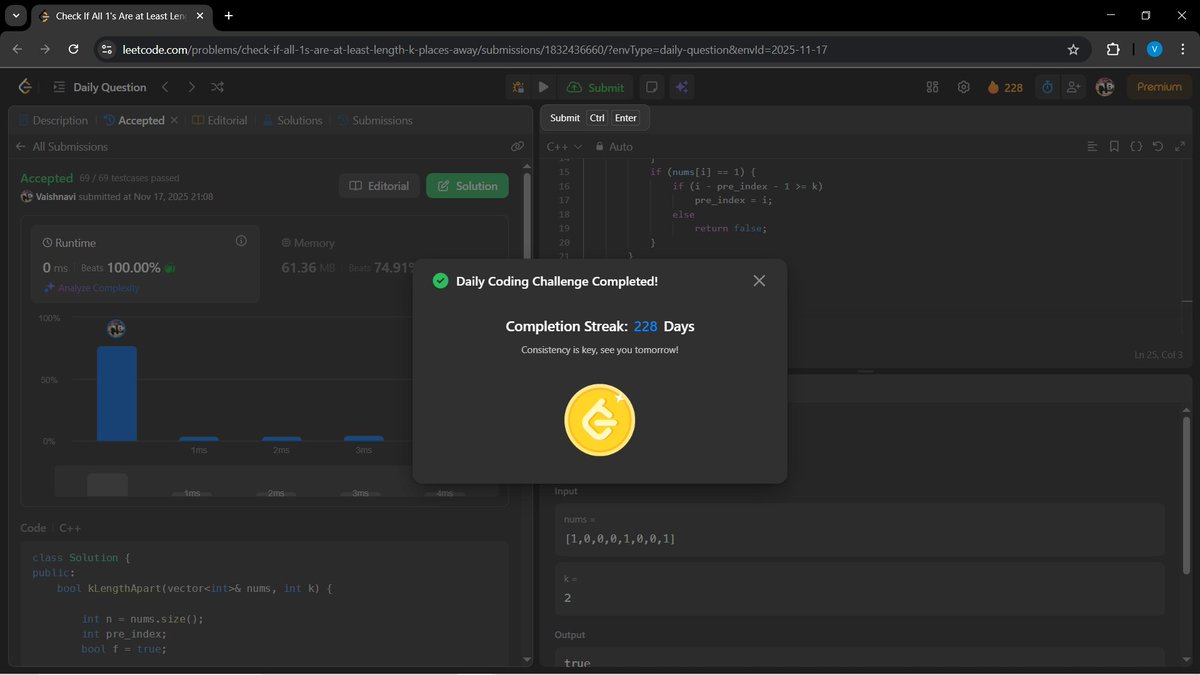 a_gupta30206's tweet image. Hey BitBuddies✨!!
Day 78 of my #100DaysOfCode journey🚀
🟢 LeetCode:Check If All 1&apos;s Are at Least Length K Places Away
🟢 GFG:Max Sum Increasing Subsequence
Showing up every day → Growing every day 💪🔥
#leetcode #geeksforgeeks #coding #buildinpublic #DevCommunity #CodeNewbie