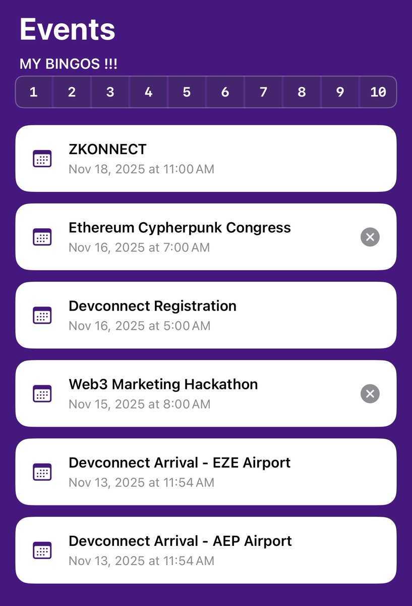 ZKVProtocol's tweet image. 🇦🇷 𝗡𝗘𝗪 𝗘𝗩𝗘𝗡𝗧𝗦 𝗔𝗗𝗗𝗘𝗗 𝗧𝗢 #DevConnect 𝗕𝗜𝗡𝗚𝗢 𝗔𝗣𝗣 🇦🇷

🗓️ @brevis_zk &amp;amp; @HouseofZK&apos;s ZKONNECT has been added!

We&apos;ve launched the #DevConnect Bingo App to give you the chance to capture and verify your presence right here in Buenos Aires!

✅ Check in at…
