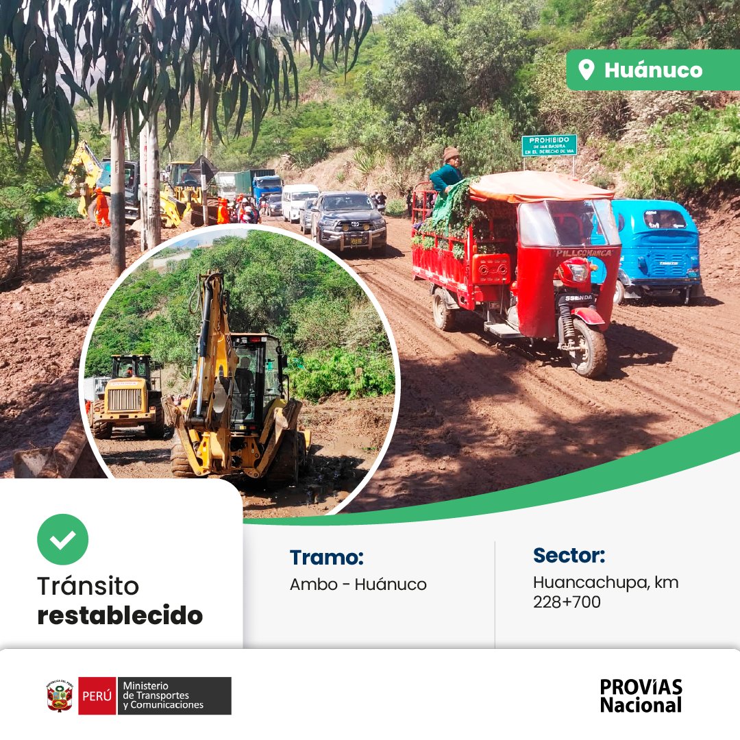 📍#Huánuco
✅ Gracias al trabajo en conjunto con el gobierno local, habilitamos el tránsito en el sector Huancachupa, en el tramo Ambo – Huánuco (km 228+700), logrando liberar la vía tras un huaico registrado en la zona. 🚜🛣️
Recuerda siempre conducir con precaución. 🚗