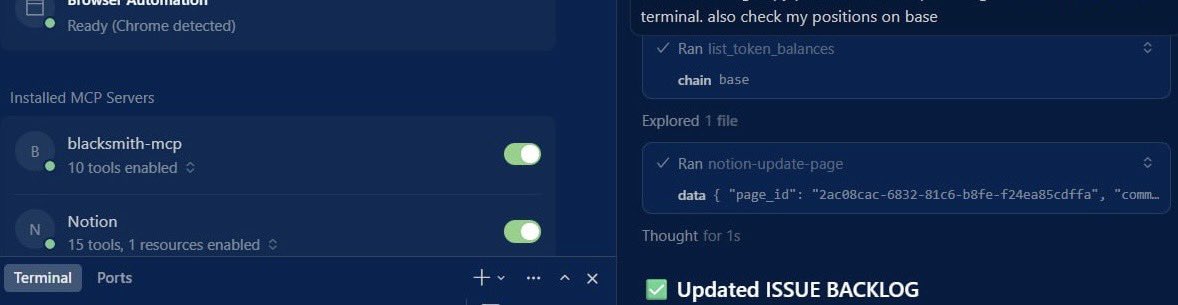 Very cool. As an early access beta tester, I was able to connect Blacksmith MCP to cursor and autolog bugs to Notion while trading on base.

Crazy that this just scratches the surface of possible applications

Trading AGI in progress…